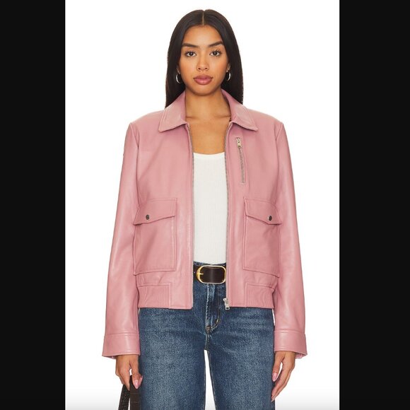 Lamarque Klemence Bomber Leather Jacket, 100% Lamb Leather, Mauve Pink, Size XS - Picture 2 of 14